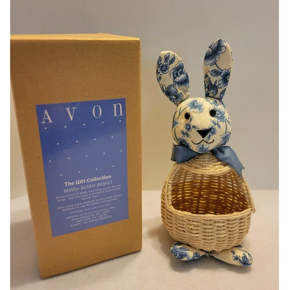 VTG NOS Avon Bonny Bunny Basket Farmhouse Cottagecore Blue Floral Wicker Decor